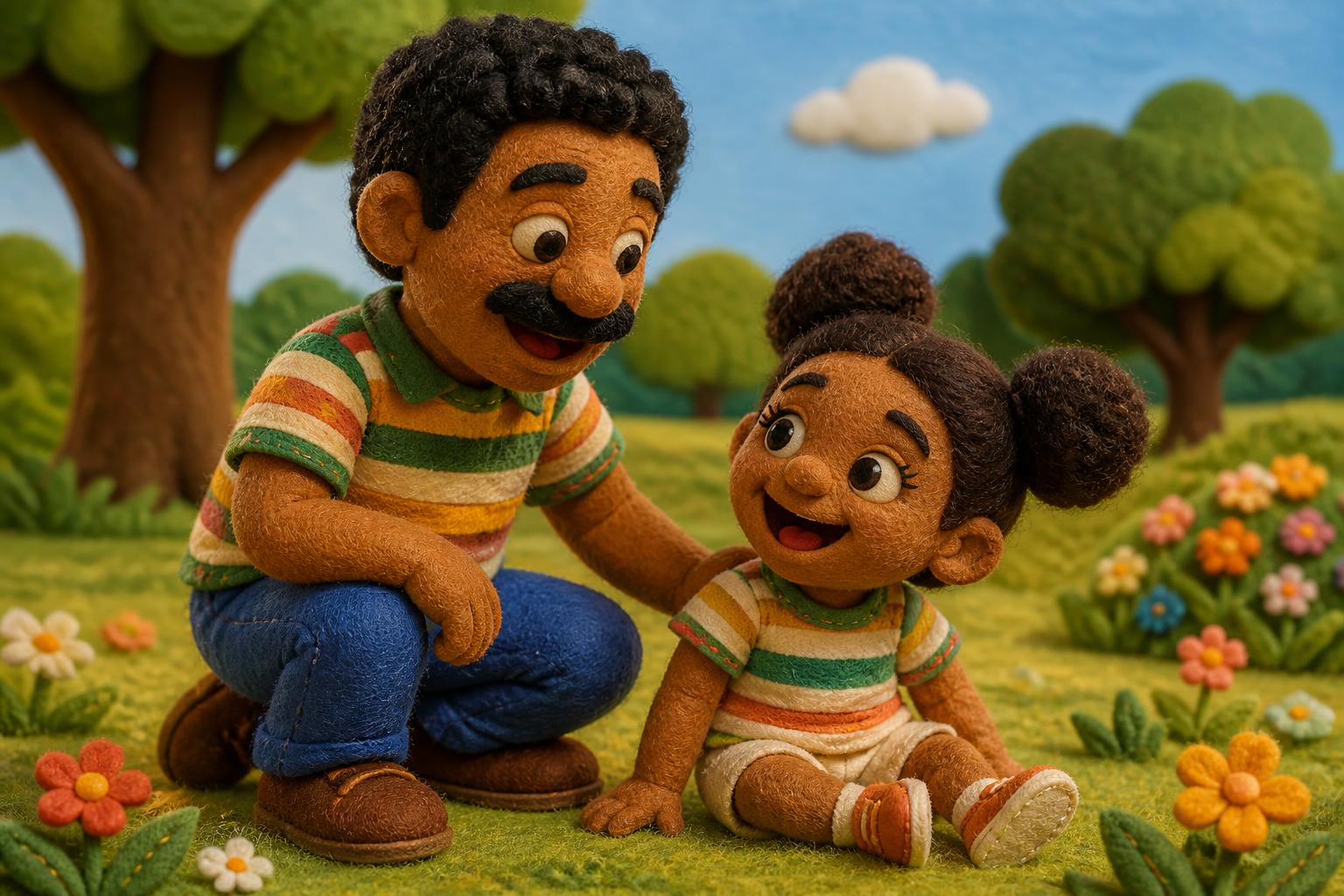 Felt puppet father with dark curly hair, a mustache and a striped shirt kneeling beside a joyful little girl with two puff buns in a sunny park