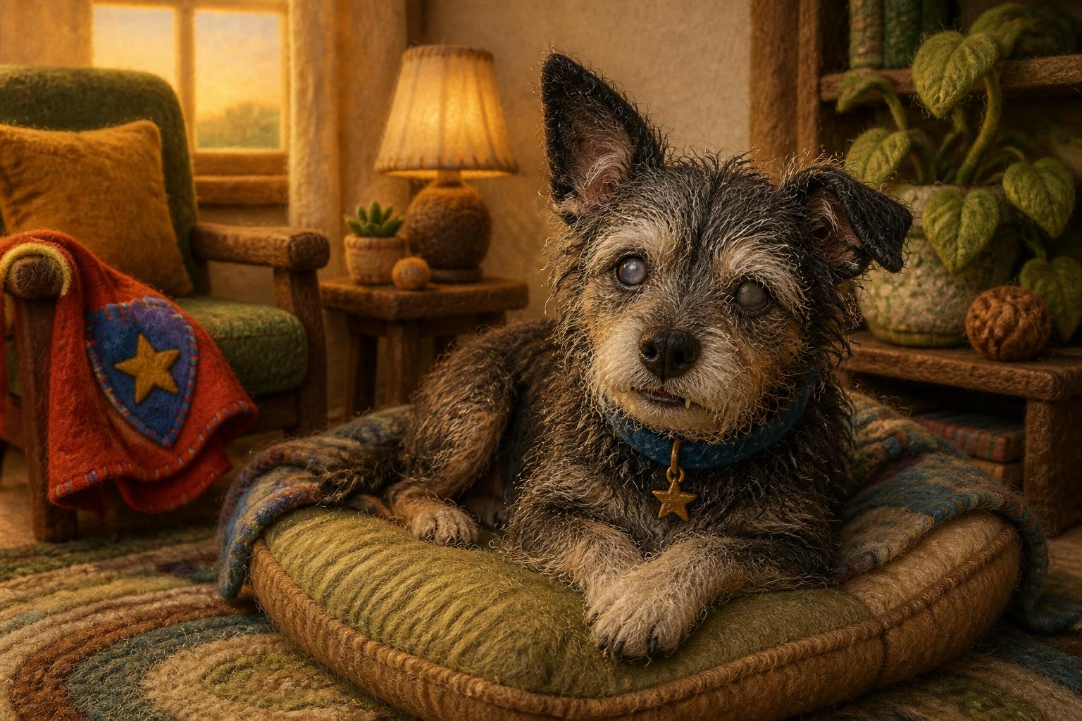 Elderly scruffy felt dog with cloudy eyes, one fang and a blue star collar resting on a cushion in a warm felt living room beside a small stitched cape