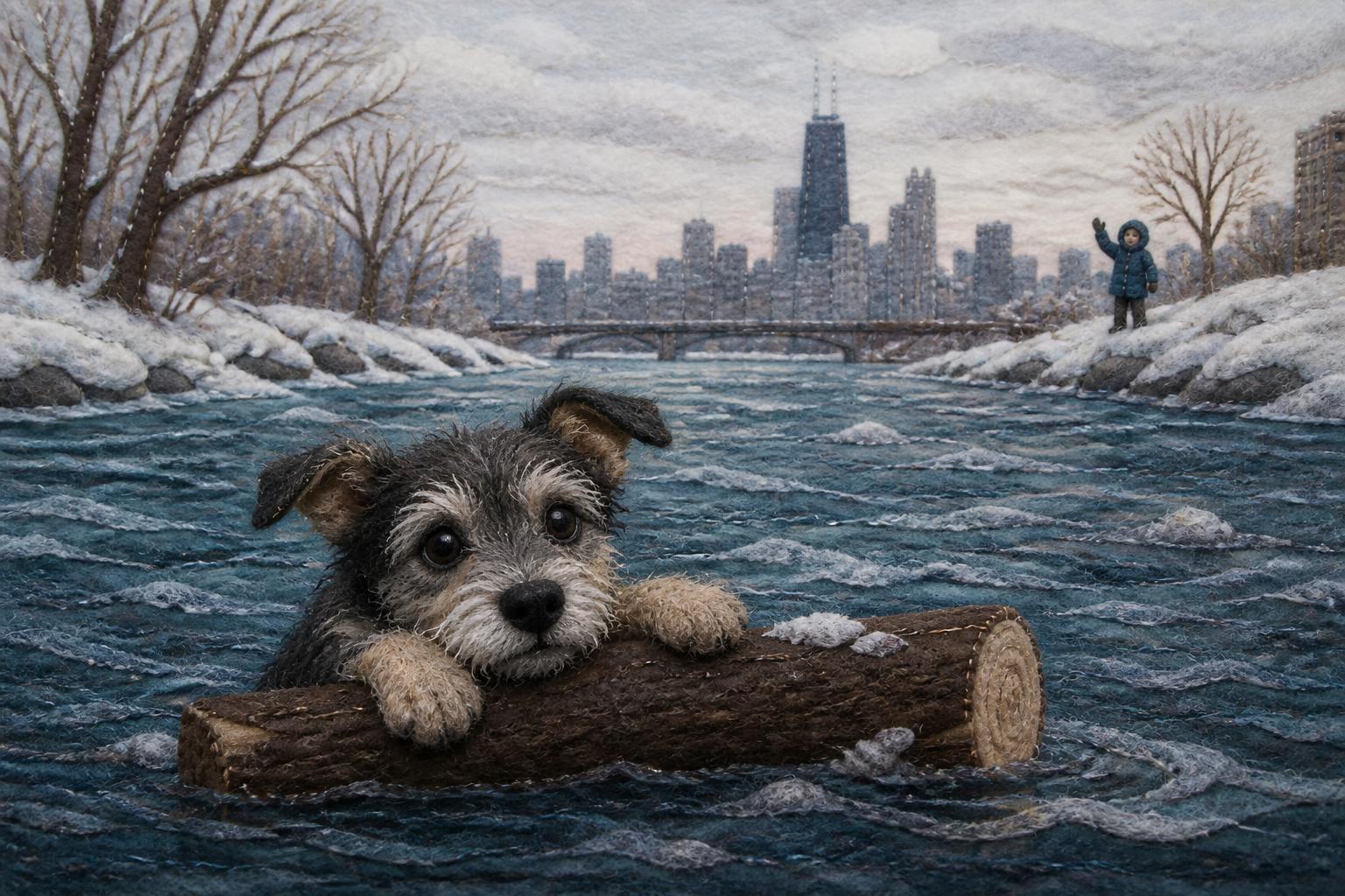 Young scruffy felt dog clinging to a log in the icy Chicago River while a bundled figure spots him from the snowy bank