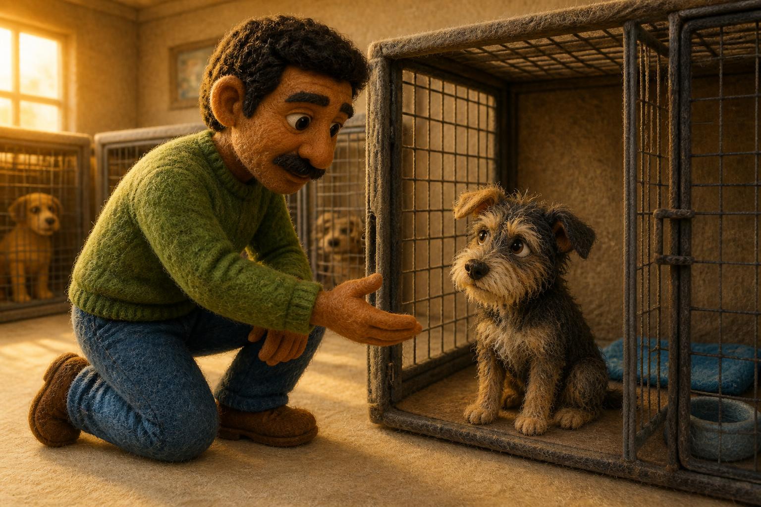 Sad young scruffy felt dog inside a shelter kennel while a felt puppet man with dark curly hair, a mustache and a green sweater kneels and reaches toward him