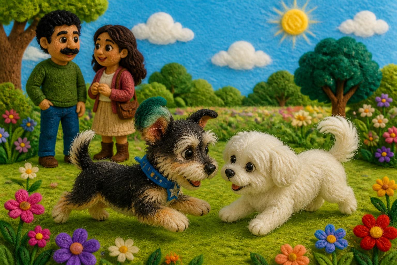 Scruffy felt dog in his blue collar playing nose to nose with a small white fluffy felt dog while their adoptive parents chat in a sunny felt meadow