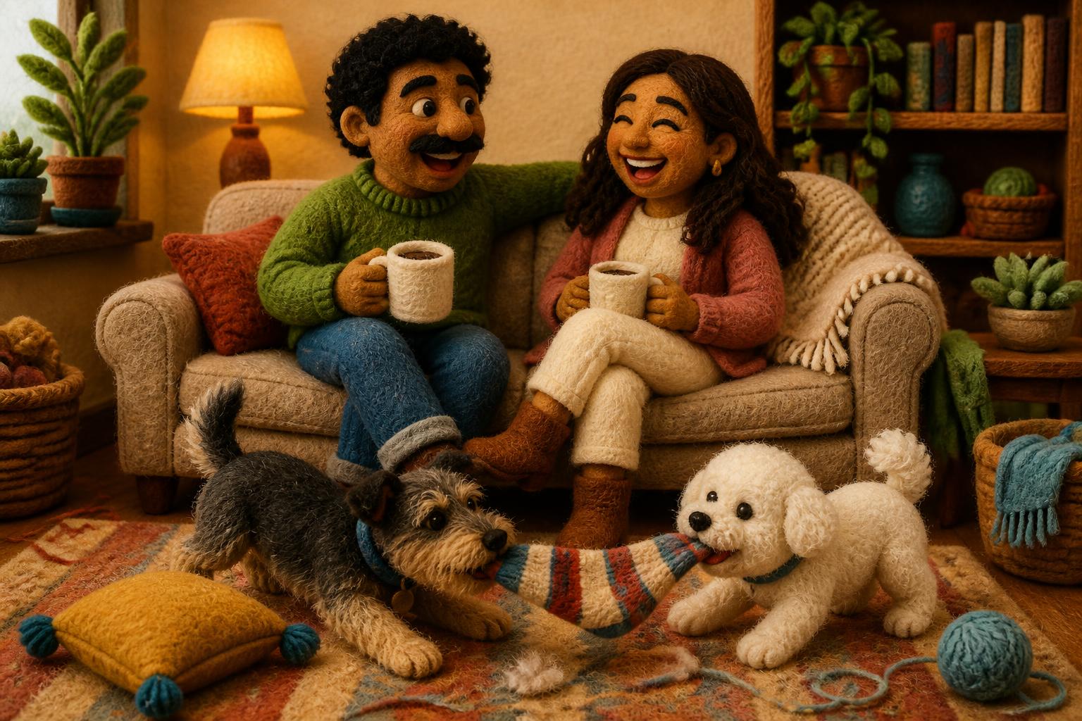 Felt puppet man in a green sweater and woman in rose sharing coffee on a wool sofa while the scruffy dog and the white fluffy dog tug a striped sock
