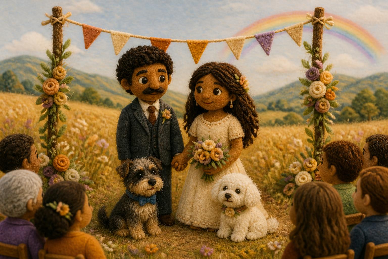 Felt puppet wedding couple in a golden meadow with the scruffy dog and the small white fluffy dog as guests of honor and a soft rainbow in the distance